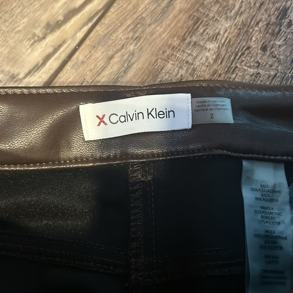 Calvin Klein Faux Leather Brown Straight Leg Pants - Picture 6 of 8